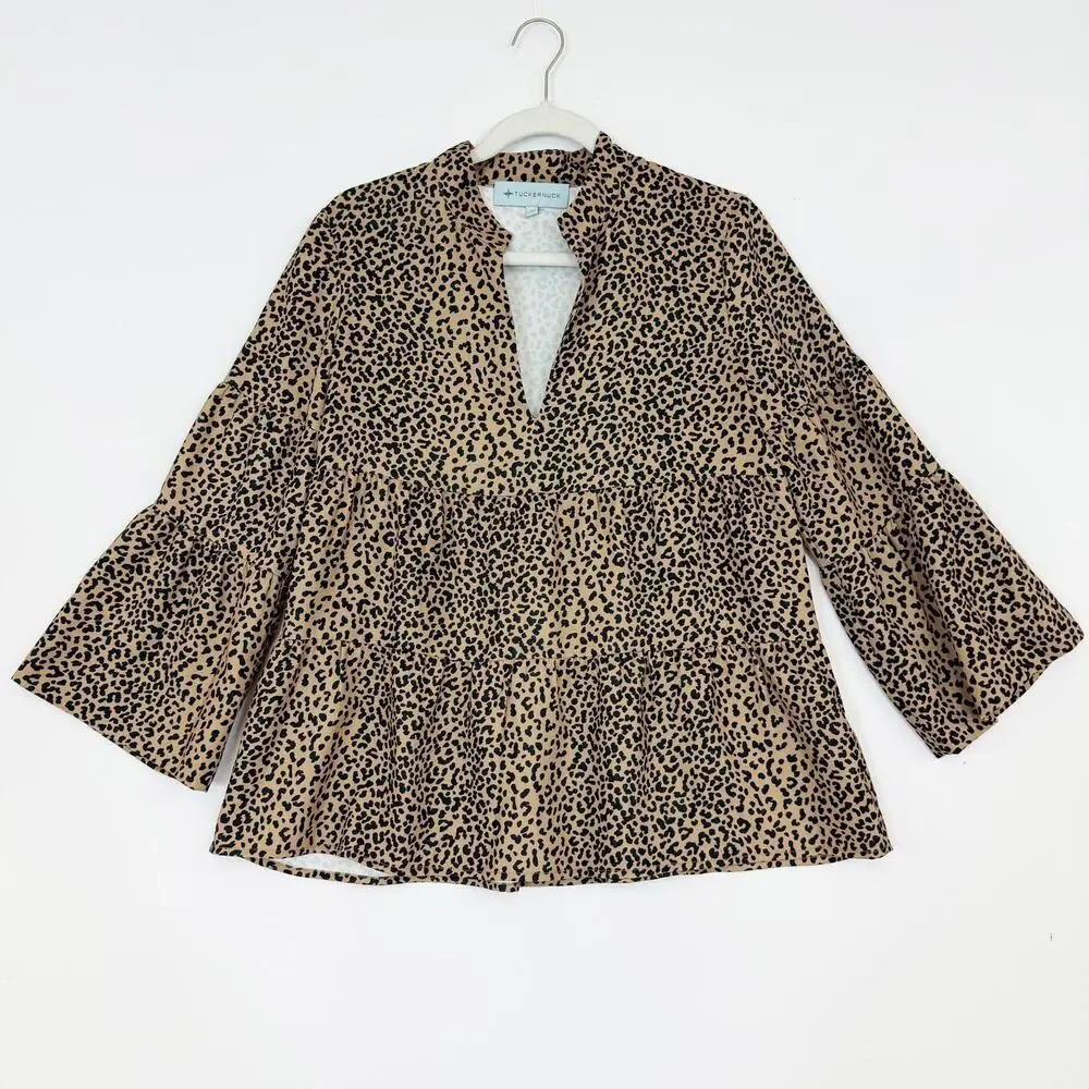 Tuckernuck Edith Leopard Tiered Top V-Neck 3/4 Sleeves Tan & Black Women's Small - Picture 2 of 12